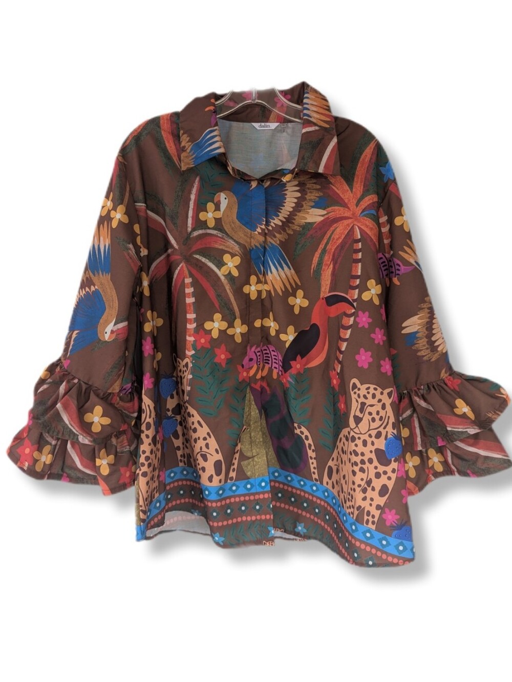 Dalin Women's Tropical Jungle Print Ruffle Sleeve Button Front Cotton Shirt
